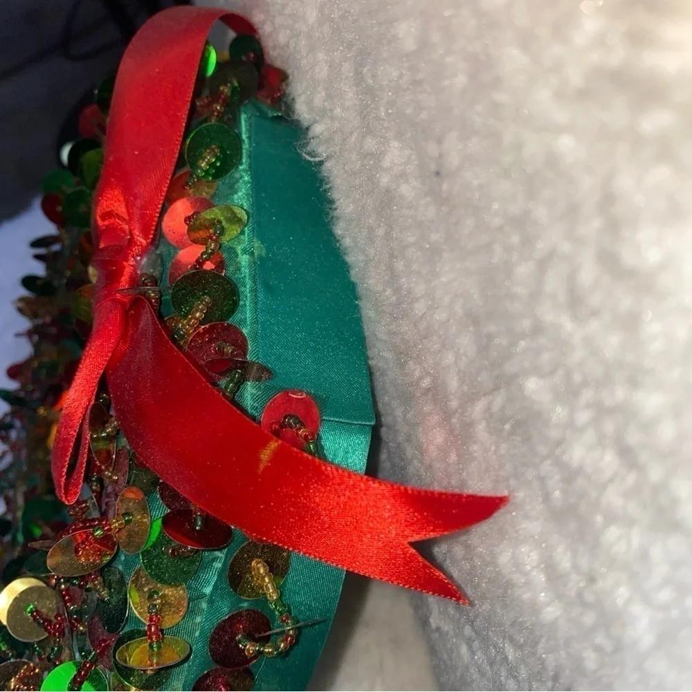 8” Bloomingdales Christmas Red Ribbon Wreath w & Green & Red‎ & Gold Sequences